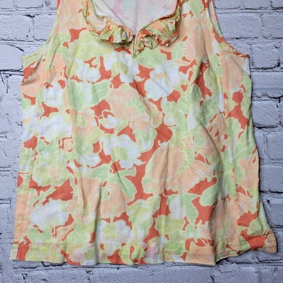 Talbots 100% Cotton Orange Green Ruffle Collar Sleeveless Blouse Size 14 - Picture 3 of 10